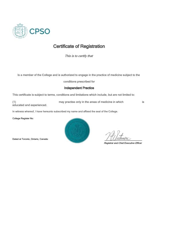 CPSO Certificate of Registration example