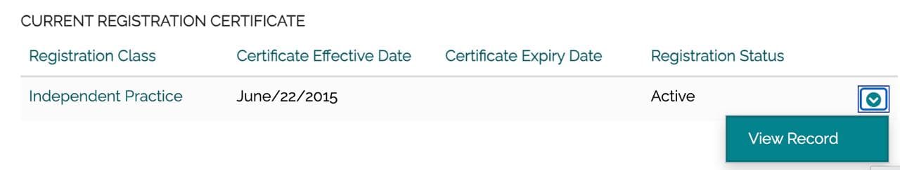 CPSO Member Portal - Current Registration Certificate with View Record dropdown screenshot